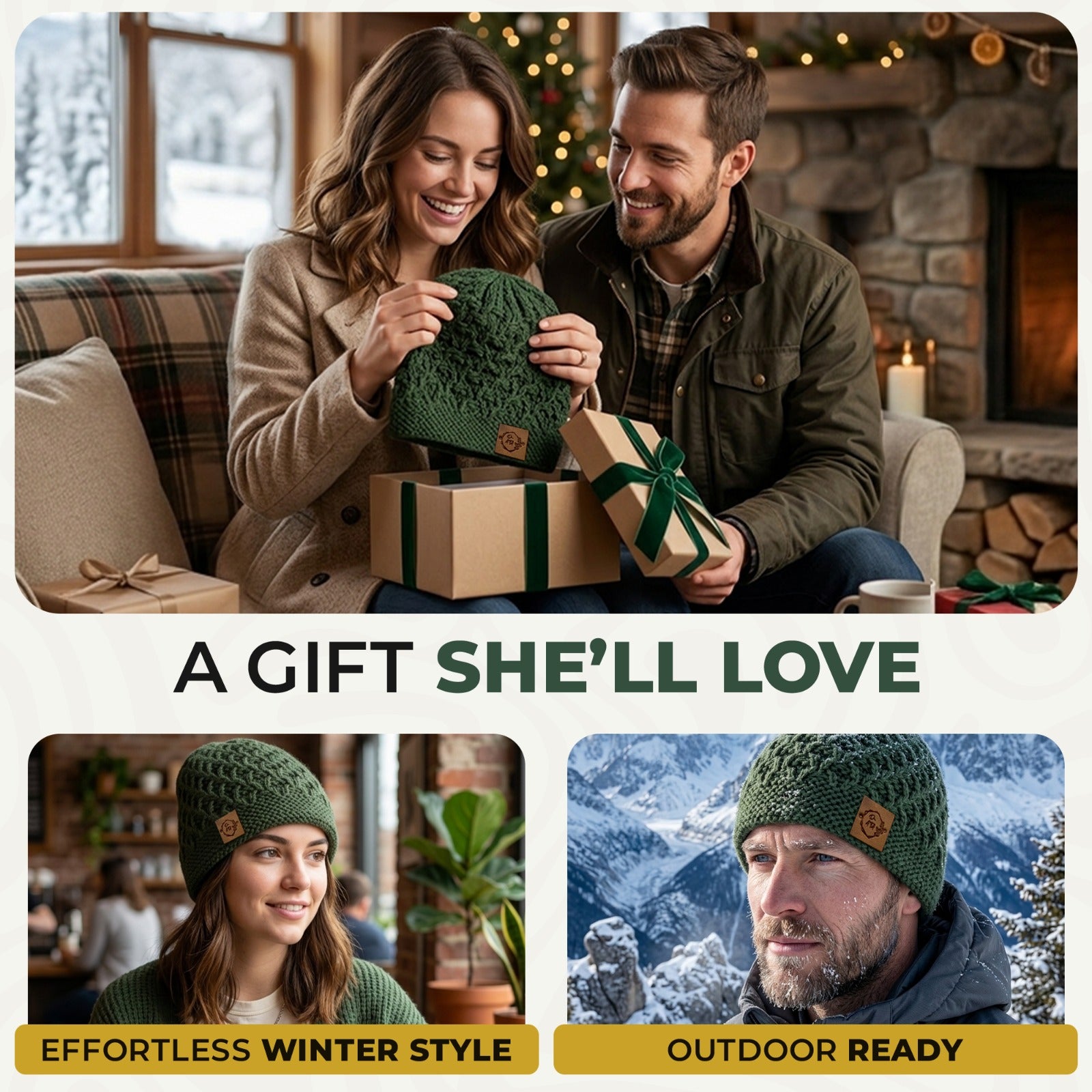 Chem Taas green beanie gift box unwrapping by the fireplace