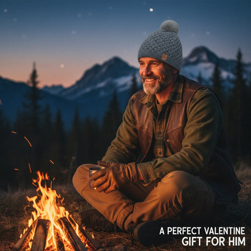 Man wearing Chem Taas grey pom-pom beanie by a campfire