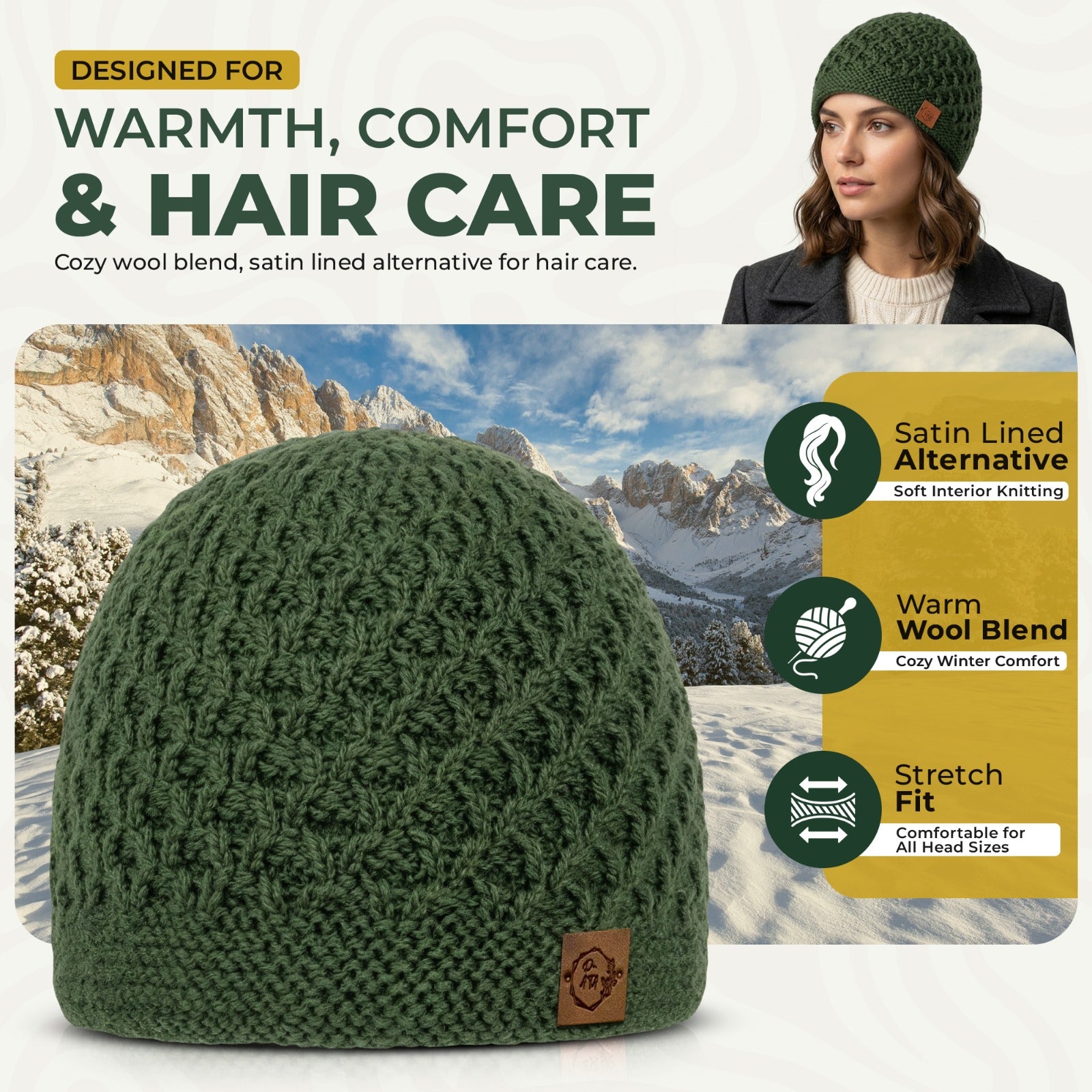 Chem Taas green beanie warmth, comfort and hair care features