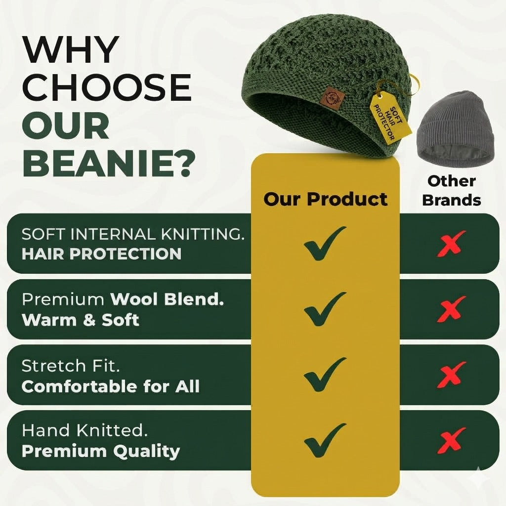 Winter Beanie for Women - Soft Smooth-Lined for Hair Protection - Stretchy 100% Wool Blend - Hand Knitted Winter Hat for Cold Weather (Forest Green)