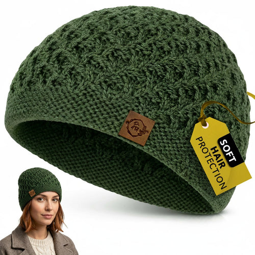 Winter Beanie for Women - Soft Smooth-Lined for Hair Protection - Stretchy 100% Wool Blend - Hand Knitted Winter Hat for Cold Weather (Forest Green)