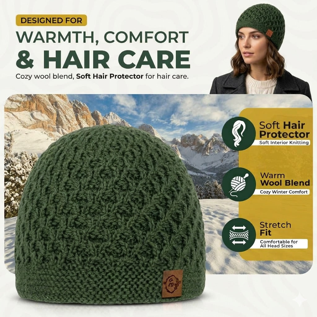 Winter Beanie for Women - Soft Smooth-Lined for Hair Protection - Stretchy 100% Wool Blend - Hand Knitted Winter Hat for Cold Weather (Forest Green)