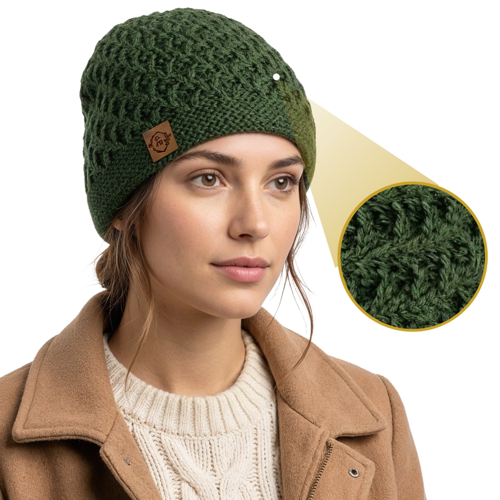 Winter Beanie for Women - Soft Smooth-Lined for Hair Protection - Stretchy 100% Wool Blend - Hand Knitted Winter Hat for Cold Weather (Forest Green)
