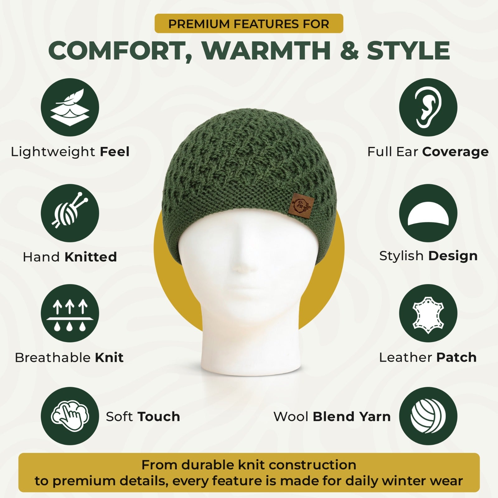 Winter Beanie for Women - Soft Smooth-Lined for Hair Protection - Stretchy 100% Wool Blend - Hand Knitted Winter Hat for Cold Weather (Forest Green)