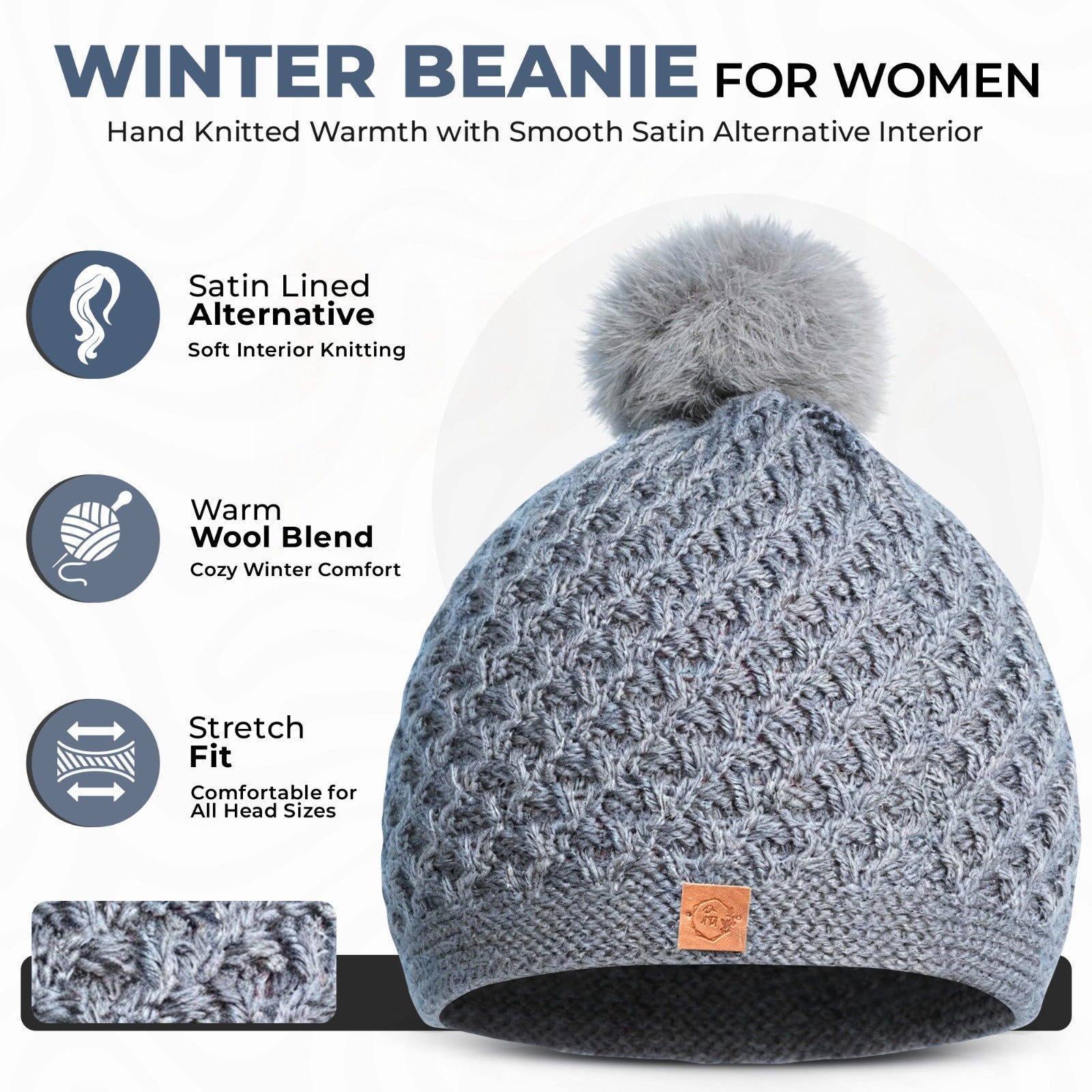 Winter Beanie for Women - Soft Smooth-Lined for Hair Protection - Stretchy 100% Wool Blend - Hand Knitted Winter Hat for Cold Weather (Gray Color )