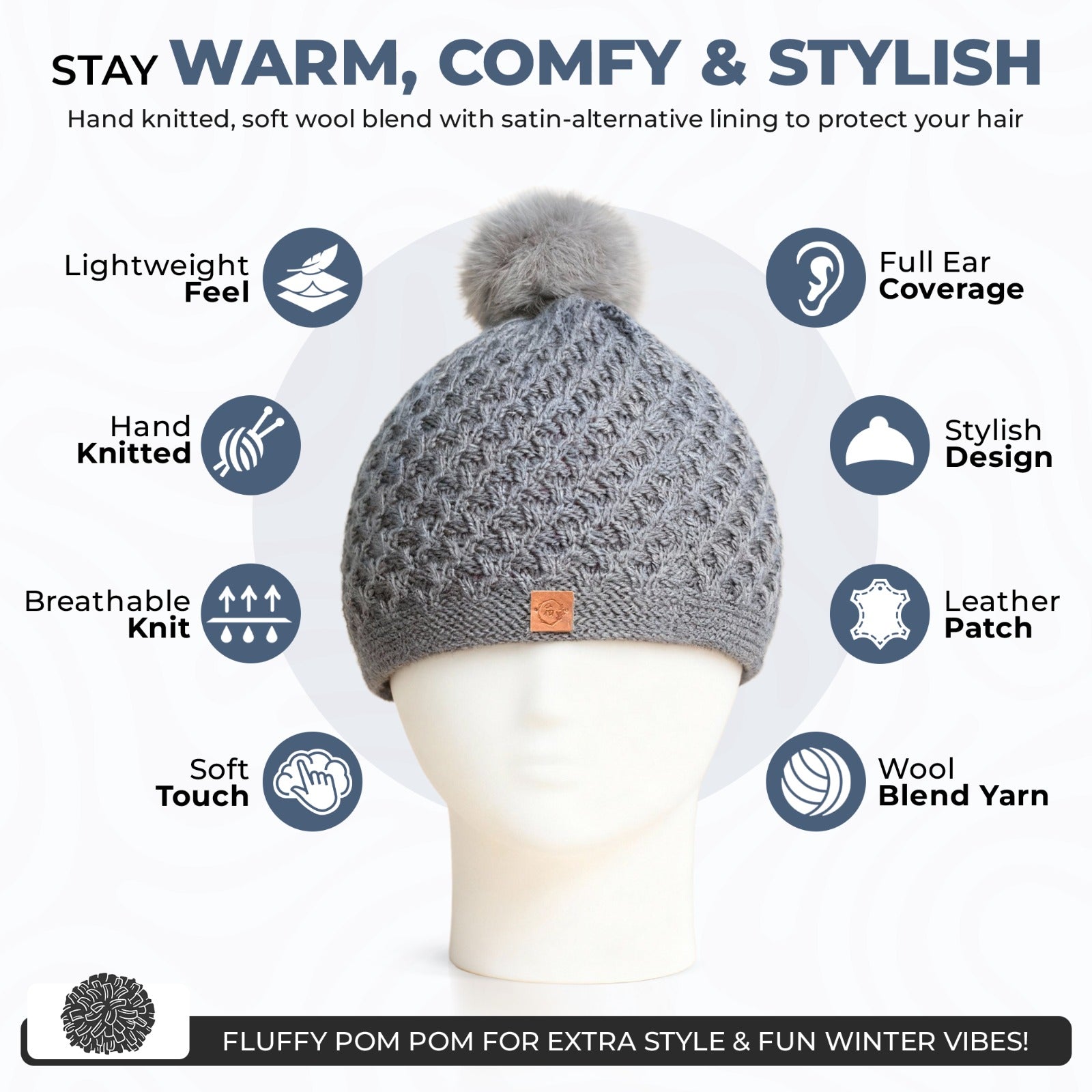 Winter Beanie for Women - Soft Smooth-Lined for Hair Protection - Stretchy 100% Wool Blend - Hand Knitted Winter Hat for Cold Weather (Gray Color )