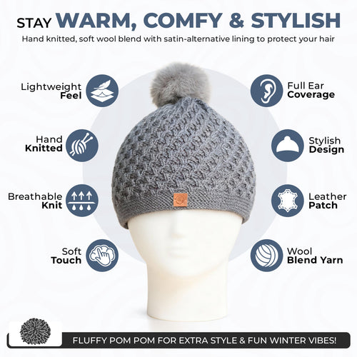Winter Beanie for Women - Soft Smooth-Lined for Hair Protection - Stretchy 100% Wool Blend - Hand Knitted Winter Hat for Cold Weather (Gray Color )