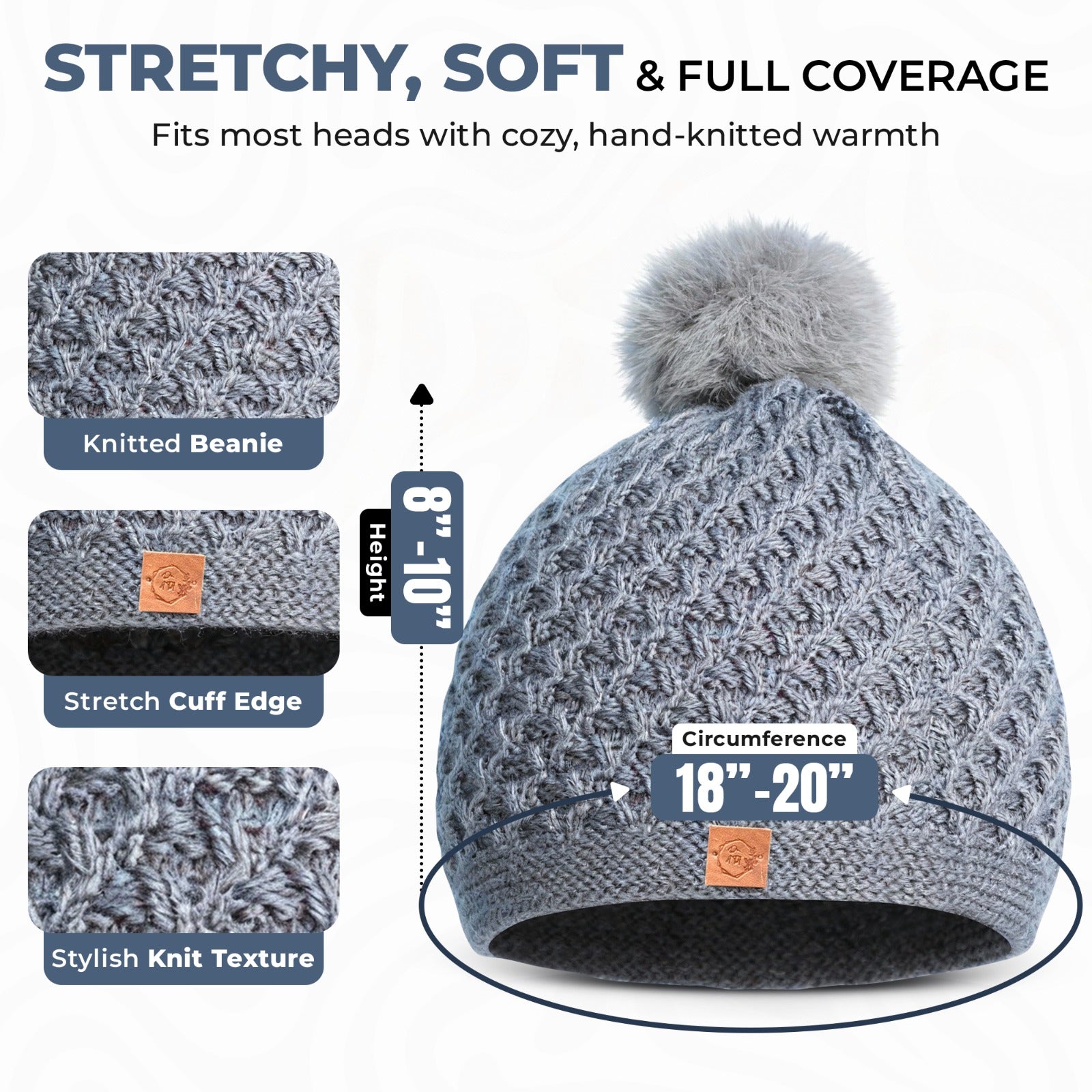 Chem Taas grey beanie stretchy soft full coverage dimensions
