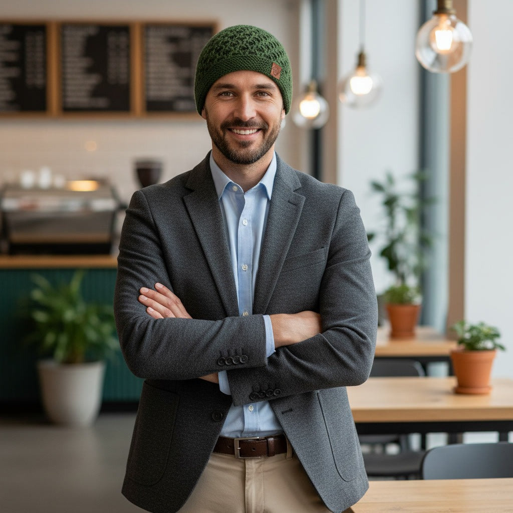 Man wearing Chem Taas green beanie in a coffee shop